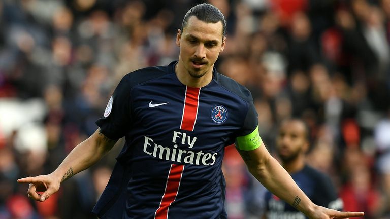 Paris Saint-Germain's Swedish forward Zlatan Ibrahimovic celebrates after scoring