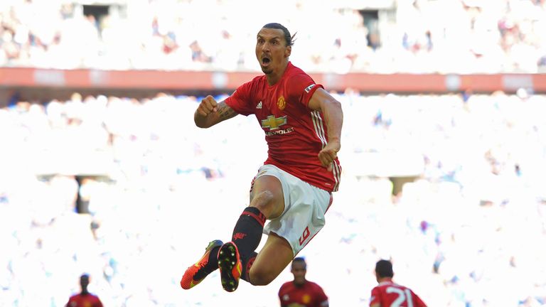 Zlatan Ibrahimovic celebrates scoring Manchester United's second goal against Leicester in the Community Shield