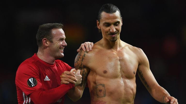 MANCHESTER, ENGLAND - SEPTEMBER 29:  Wayne Rooney and Zlatan Ibrahimovic of Manchester United celebrate following their sides 1-0 victory during the UEFA E