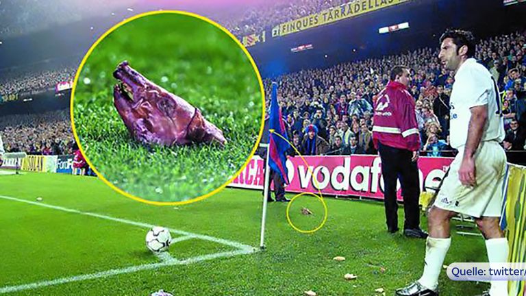 Nach seinem Wechsel vom FC Barcelona zu Real Madrid werfen die verärgerten Fans einen Schweinekopf nach Luis Figo.