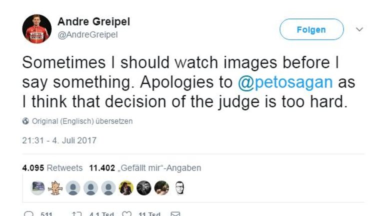 André Greipel entschuldigt sich für seinen Wutausbruch gegen Peter Sagan.