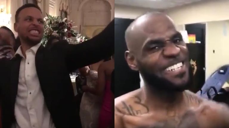 Stephen Curry (l.) imitiert ein Workout-Video von LeBron James (r.). (Quelle Bild: Twitter @SInow - Instagram @Kingjames)