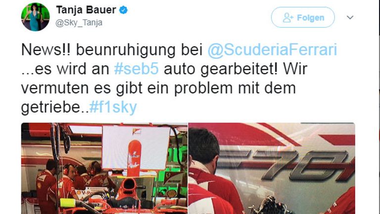Sky Reporterin Tanja Bauer twittert über Probleme bei Ferrari.