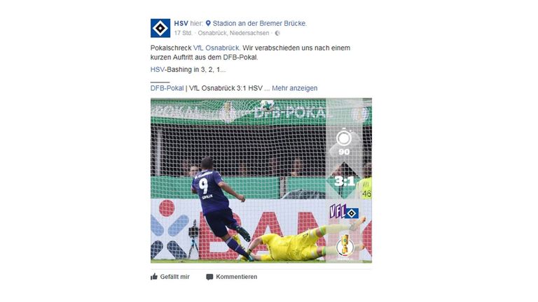 Nach der Pokal-Blamage nimmt sich der Bundesliga-Dino selbst auf die Schippe: HSV-Bashing in 3, 2, 1... Quelle: facebook.com/HSV