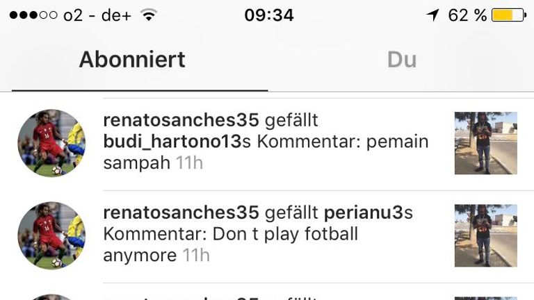 Renato Sanches reagiert mit Humor auf den Instagram-Shitstorm.