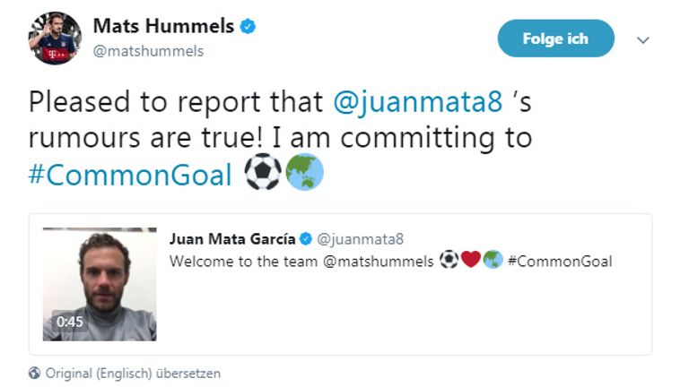 Mats Hummels bestätigt seinen Beitritt - ebenfalls über Twitter. 