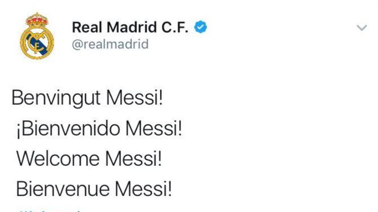 Der gehackte Twitter-Account von Real Madrid begrüßt Lionel Messi.