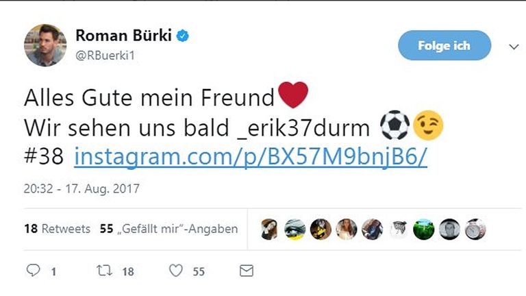 Etwas voreilig: Roman Bürki wünscht Erik Durm alles Gute. (Quelle: Twitter@RBuerki1)
