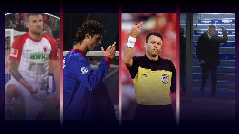 Daniel Baier (l.) fällt mit einer obszönen Geste gegen RB-Coach Ralph Hasenhüttl negativ auf. Augsburgs Kapitän ist aber kein Einzelfall. Sky Sport zeigt Beispiele, in denen sich Akteure auf dem Fußballplatz nicht unter Kontrolle haben.