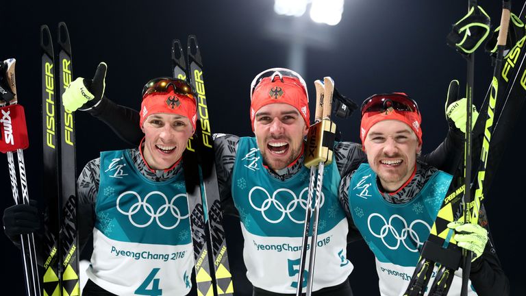 Rydzek (Mitte), Rießle (r.)  und Frenzel (l.) holen Gold, Silber und Bronze für Deutschland. 