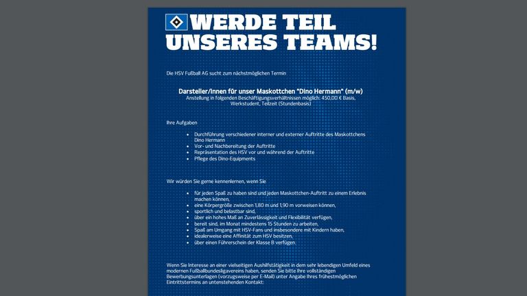 Der HSV sucht neue Darsteller für Maskottchen Dino Hermann. Quelle: hsv.de