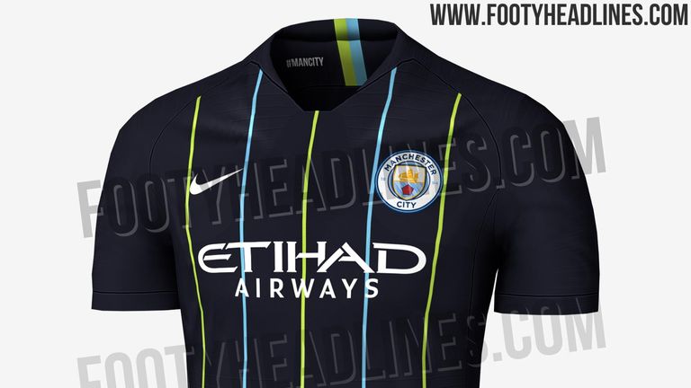So soll das neue Auswärts-Trikot von Manchester City aussehen - im dunkelblauen Stil mit grünen Steifen. (Bildquelle: footyheadlines.com)