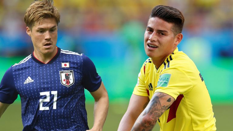 Sakai (l.) feierte mit Japan einen Sieg gegen James Rodriguez' Kolumbien.