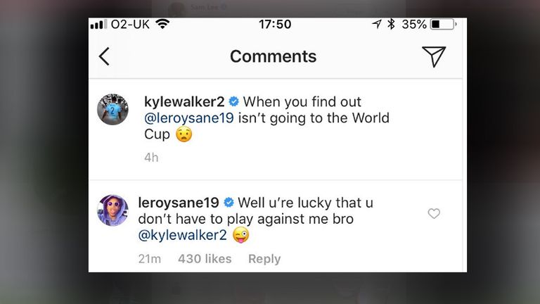 Leroy Sane antwortet auf Kyle Walkers Instagram-Post (Quelle: Instagram).