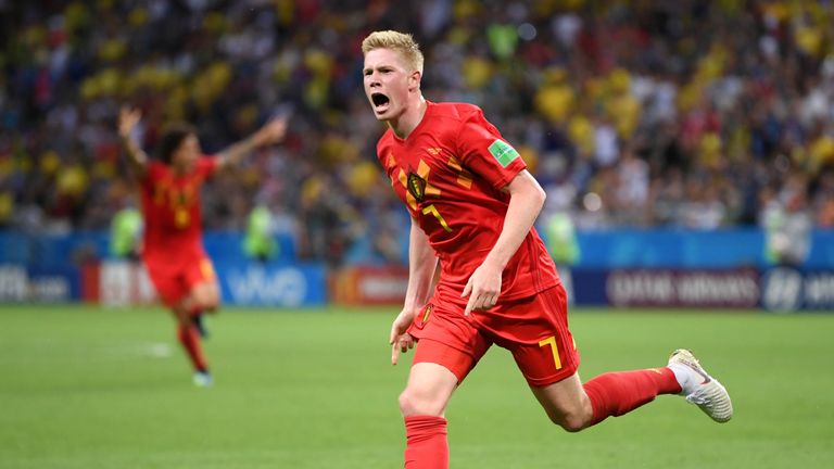 Kevin De Bruyne celebrates after putting Belgium two goals ahead
