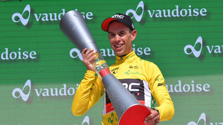 BELLINZONA, SWITZERLAND - JUNE 17: Podium / Richie Porte of Australia and BMC Racing Team Yellow Leader Jersey / Celebration / Trophy / during the 82nd Tour of Switzerland 2018, Stage 9 a 34,1km individual time trial stage from Bellinzona to Bellinzona on June 17, 2018 in Bellinzona, Switzerland. (Photo by Tim de Waele/Getty Images)