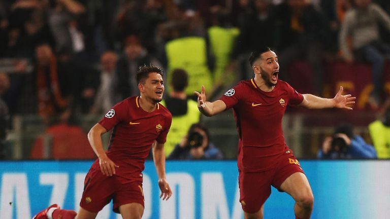 ROME, ITALY - APRIL 10:  Kostas Manolas of AS Roma celebrates after scoring the team's third goal during the UEFA Champions League quarter final second leg between AS Roma and FC Barcelona at Stadio Olimpico on April 10, 2018 in Rome, Italy.  (Photo by Paolo Bruno/Getty Images)