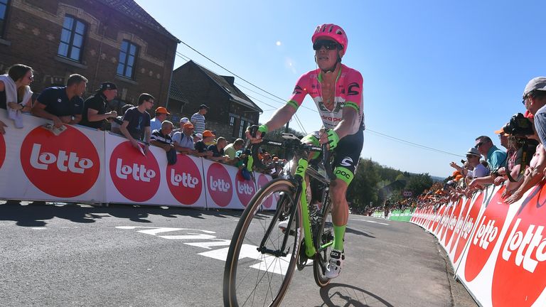 MUR DE HUY, BELGIUM - APRIL 18: Rigoberto Uran of Colombia and Team EF Education First-Drapac p/b Cannondale / during the 82nd La Fleche Wallonne 2018 a 198,5km race from Seraing to Mur De Huy on April 18, 2018 in Mur De Huy, Belgium. (Photo by Luc Claessen/Getty Images)..