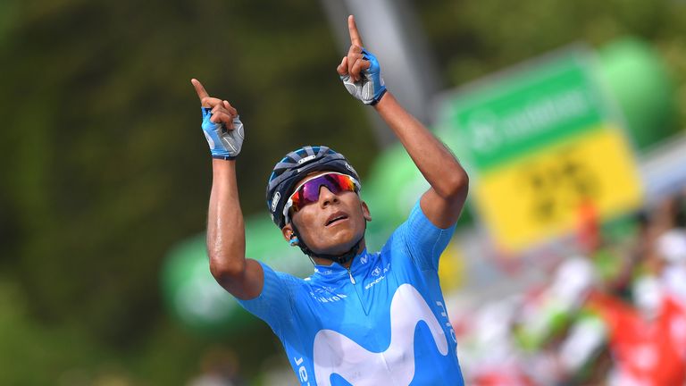 ATZMANNIG-AROSA, SWITZERLAND - JUNE 15: Arrival / Nairo Quintana of Colombia and Movistar Team / Celebration / during the 82nd Tour of Switzerland 2018, Stage 7 a 170,5km stage from Eschenbach to Atzmannig - Arosa to 1744m on June 15, 2018 in Arosa, Switzerland. (Photo by Tim de Waele/Getty Images)