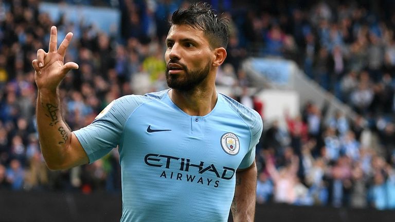 Sergio Aguero of Manchester City celebrates after scoring his team's fifth goal during the Premier League match between Manchester City and Huddersfield Town at Etihad Stadium on August 19, 2018 in Manchester, United Kingdom. 