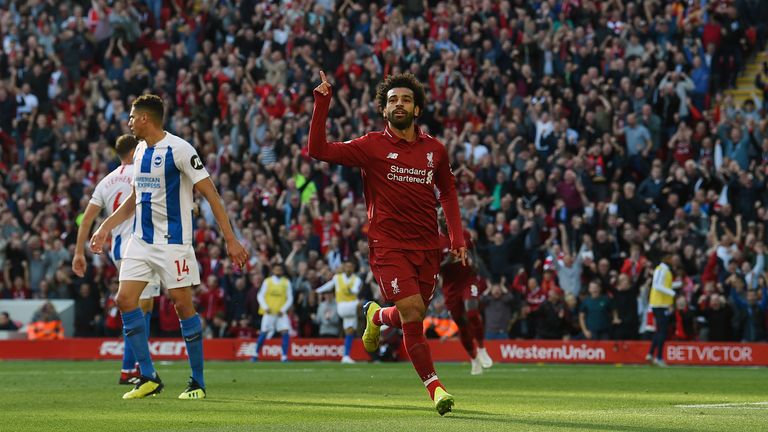 Mo Salah celebrates after giving Liverpool the lead