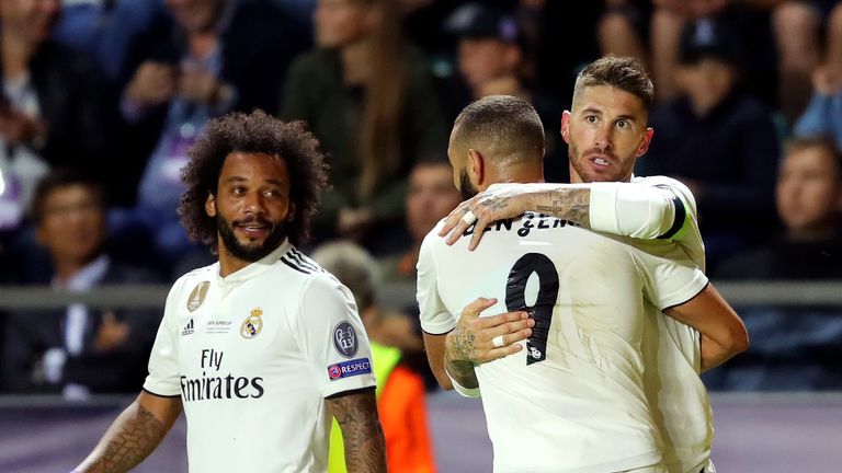 Sergio Ramos celebrates after giving Real Madrid the lead from the penalty spot