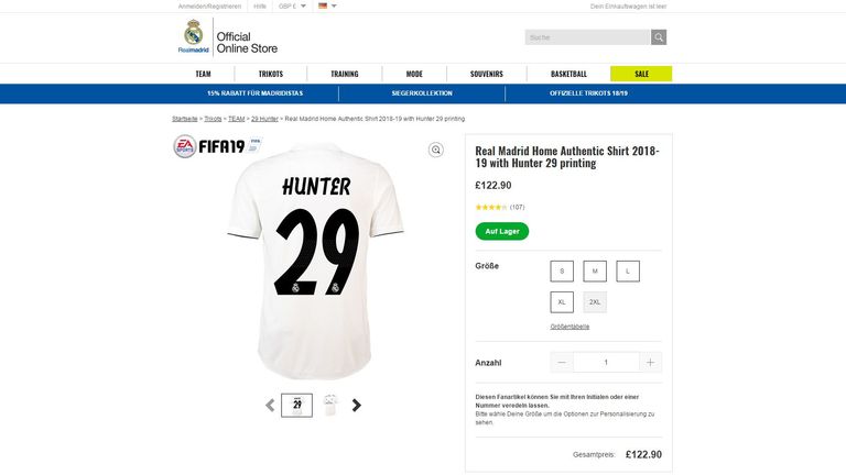Das Trikot von Alex Hunter im offiziellen Real-Madrid-Shop