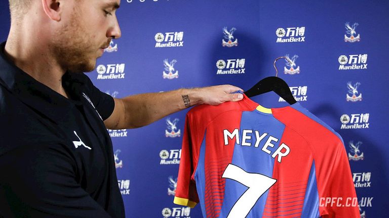 (Bildquelle: Homepage/ Crystal Palace , https://www.cpfc.co.uk/news/2018/august/gallery-meyer-in-red-and-blue/) Max Meyer mit seinem neuen Trikot.