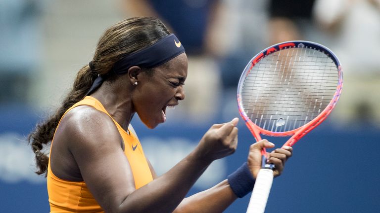 2018 US Open Tennis Tournament- Day Five.   Sloane Stephens of the United States celebrates her victory against Victoria Azarenka of Belarus in the Women's Singles round three match on Arthur Ashe Stadium at the 2018 US Open Tennis Tournament at the USTA Billie Jean King National Tennis Center on August 31st, 2018 in Flushing, Queens, New York City.  (Photo by Tim Clayton/Corbis via Getty Images)