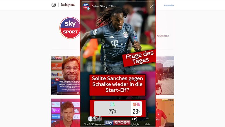 Das Ergebnis der Frage des Tages auf Instagram: 77 Prozent der Sky User sehen Renato Sanches vom FC Bayern München gegen den FC Schalke 04 in der Startelf. 