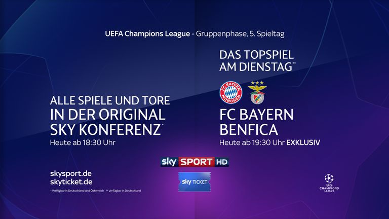 Nur bei Sky kannst Du das Champions-League-Spiel der Bayern gegen Benfica Lissabon live sehen!