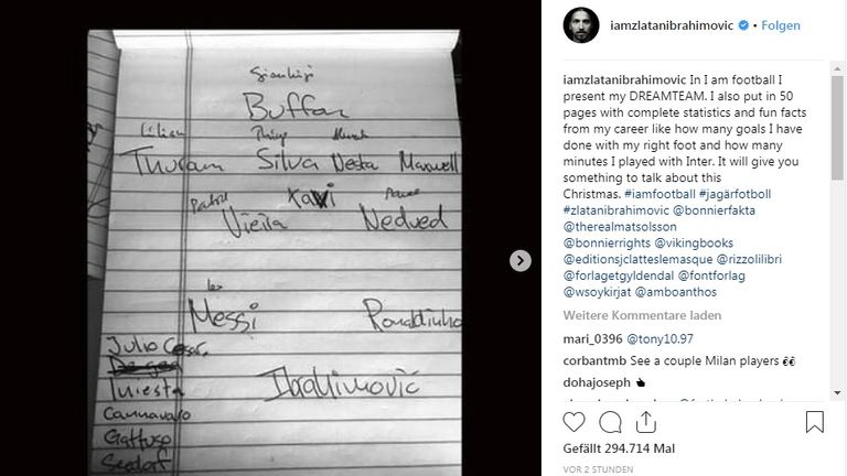 So sieht das Dream Team von Zlatan Ibrahimovic aus. (Quelle: Instagram)