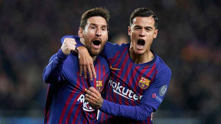 Lionel Messi und Philippe Coutinho (r.) bejubeln Barcelonas Einzug ins Champions-League-Halbfinale.