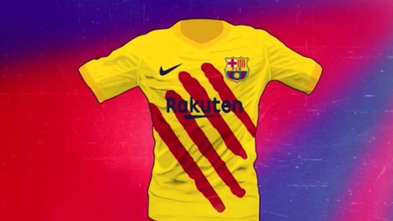Barcelonas viertes Trikot für die Saison 2019/20 wird überwiegend gelb sein, mit vier roten Streifen auf der Vorderseite, die die Senyera, die Flagge Kataloniens, darstellen (Quelle: footyheadlines.com). 