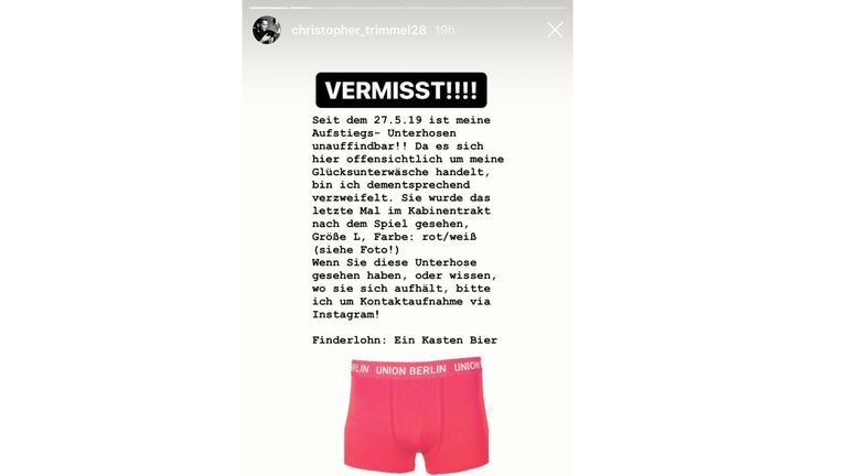 Kapitän Christopher Trimmel sucht via Instagram nah seiner Aufstiegs-Unterhose (Bildquelle: instagram.com/christopher_trimmel28).