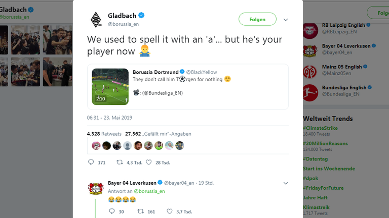Der englische Twitter-Account der Gladbacher nimmt den BVB aufs Korn. (Quelle: Twitter @borussia_e)