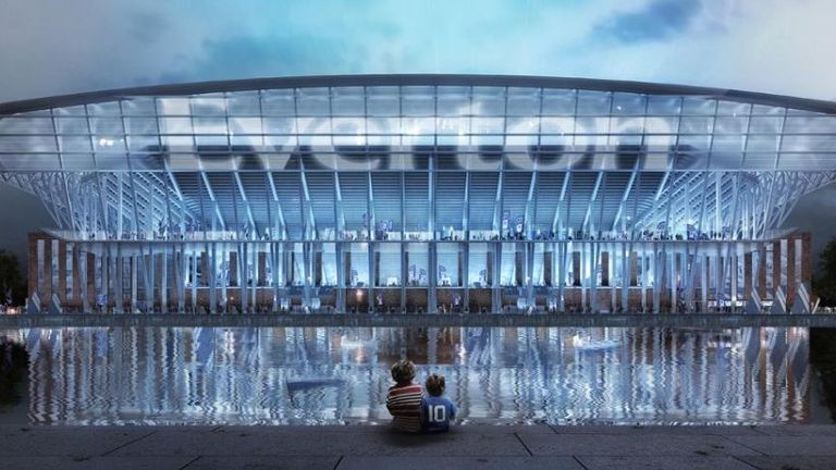 Das neue Stadion des FC Everton soll im Norden von Liverpool - direkt  am Bramley-Moore Dock enstehen. Die Folge: eine beeindruckende Reflektion des Stadions im Wasser (Quelle: Homepage FC Everton).