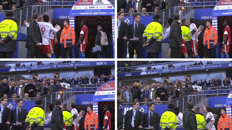 Nach einem mageren 0:0 gegen Hannover 96 wird Paolo Guerrero von einem Fan beschimpft. Kurzerhand wirft der Peruaner seine Trinkflasche auf die Haupttribüne, trifft einen Fan am Kopf. Das Gericht in Hamburg entscheidet auf 100.000 € Strafe und zwei Jahre Bewährung.