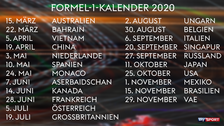 Der Formel-1-Kalender für das Jahr 2020. 