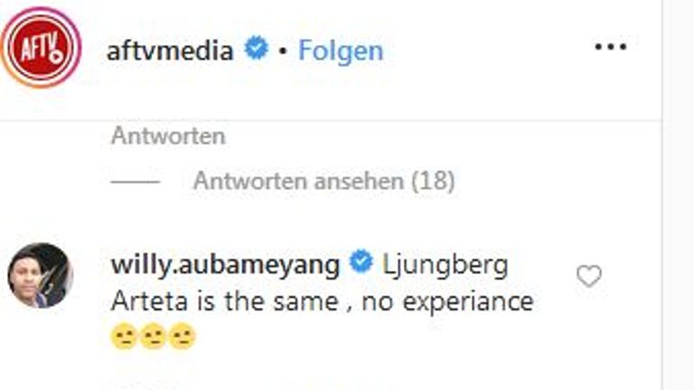 Willy Aubameyang äußerte sich bei Instagram zu den Gerüchten um Mikel Arteta als neuer Coach des FC  Arsenal. Quelle: instagram.com/aftvmedia