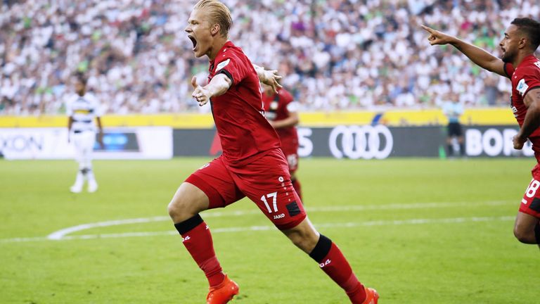 Platz 7: Joel Pohjanpalo für Bayer Leverkusen gegen Borussia Mönchengladbach nach 114 Sekunden (27.08.2016)