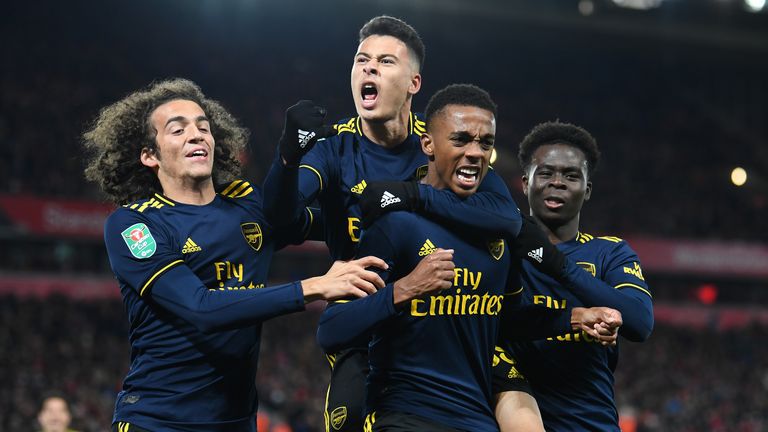 Arsenals Youngster Matteo Guendouzi, Gabriel Martinelli, Joe Willock und Bukayo Saka (v.l.n.r.) 