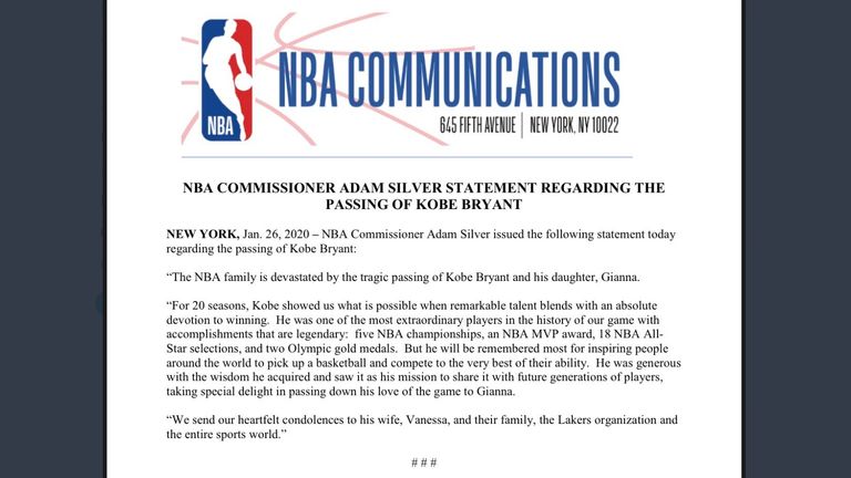 NBA Commissioner Adam Silver drückt sein Mitgefühl für die Hinterbliebenen von Kobe Bryant und dessen Tochter Gianna aus (Quelle: twitter.com/NBA).