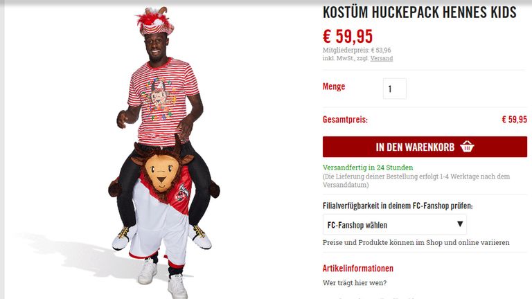 Auch beim FC können die Fans das Maskottchen reiten - für 59,95 Euro gibt es für die jungen Jecken das Huckepack-Kostüm Hennes (Bildquelle: fc.de).