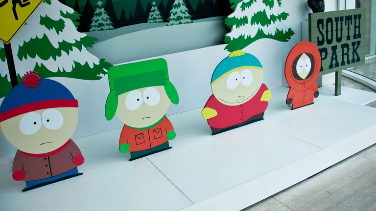 Stan Marsh, Kyle Broflovski, Eric Cartman and Kenny McCormick (von links nach rechts) aus der Serie South Park.