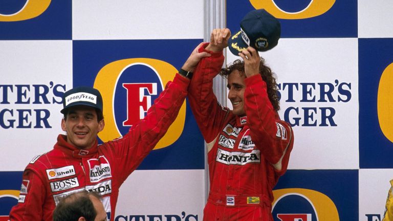 1988 wechselte Senna zu Mclaren-Honda, wo Alain Prost (rechts) zu seinem Teamkollegen und Rivalen wurde. 