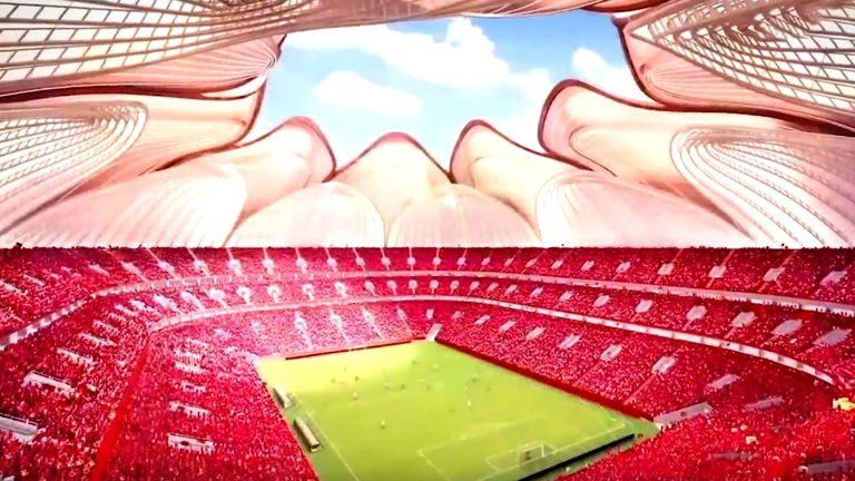 Ein Blick ins innere der Arena, die 2022 fertiggestellt werden soll und etwa 1,5 Milliarden Euro kosten wird. (Quelle: youtube@tfc)