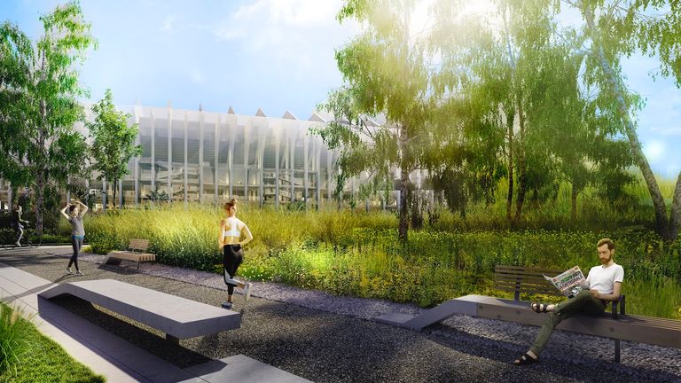 Entwurf 1: Die Grünfläche um das neue Gebäude laden zum Entspannen und Sporttreiben ein.