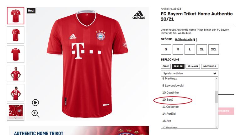 Im Fanshop des FC Bayern kann man sich das neue Trikot bereits mit der Nummer 10 von Leroy Sane kaufen. (Quelle: Fanshop @FC Bayern)