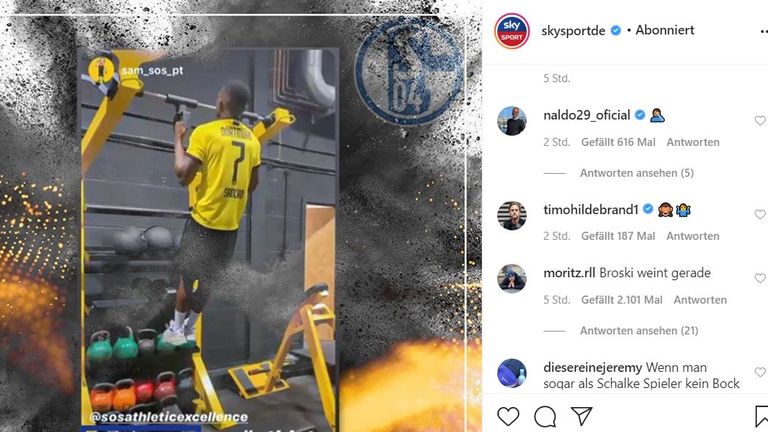Ehemalige Schalker reagieren mit kopfschüttelnden Emojis auf den Matondo-Trikot-Tausch. Quelle: Screenshot/Instagram/skysport.de